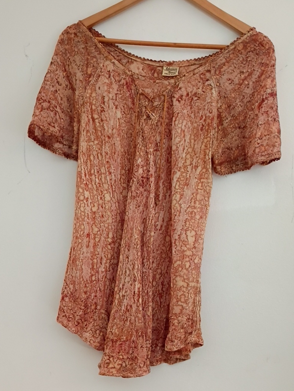 Advance Apparels Peach-Tone Crinkled Lace-Trim Peasant Top